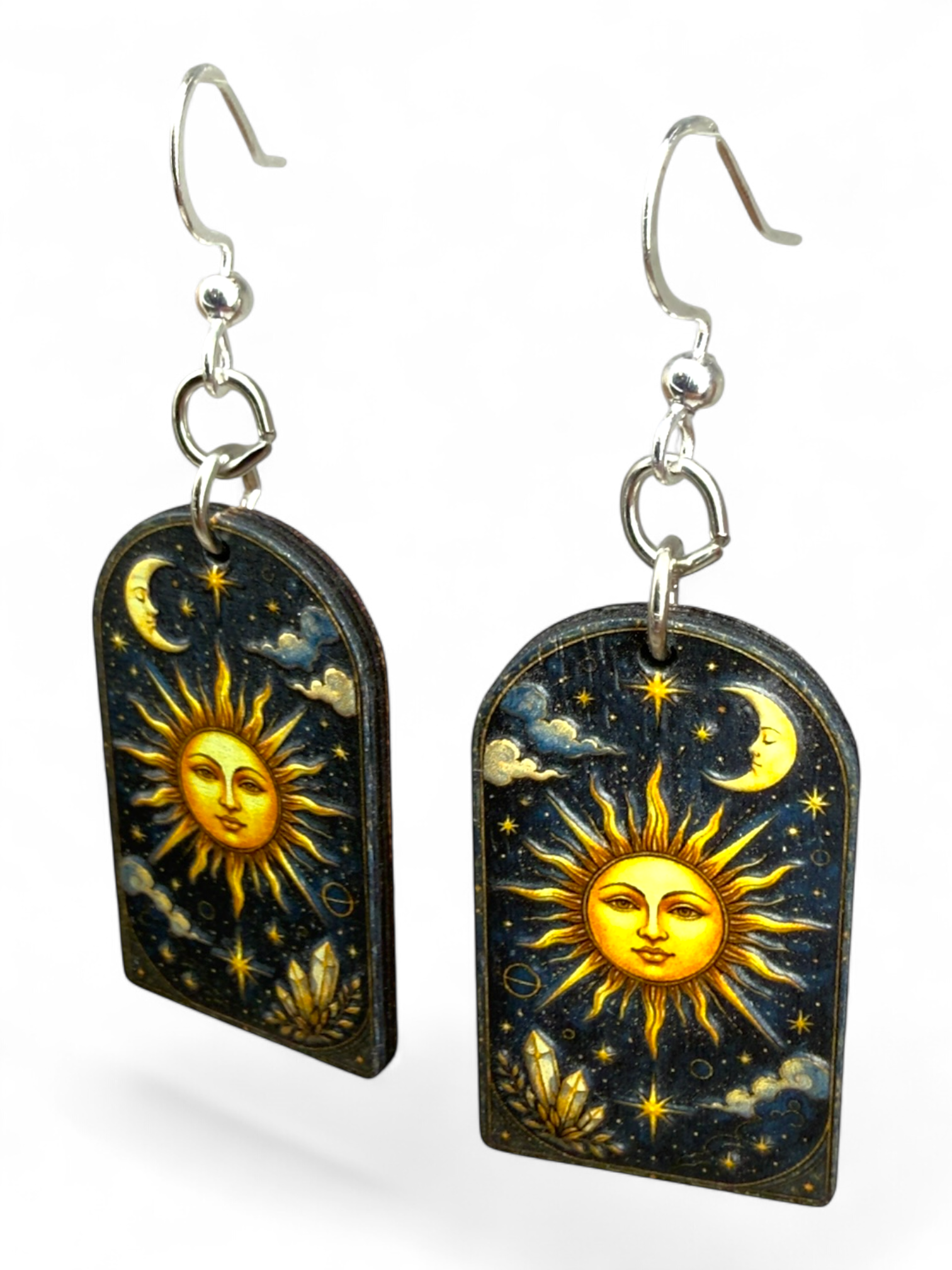 Sun Moon Crystal wood earrings