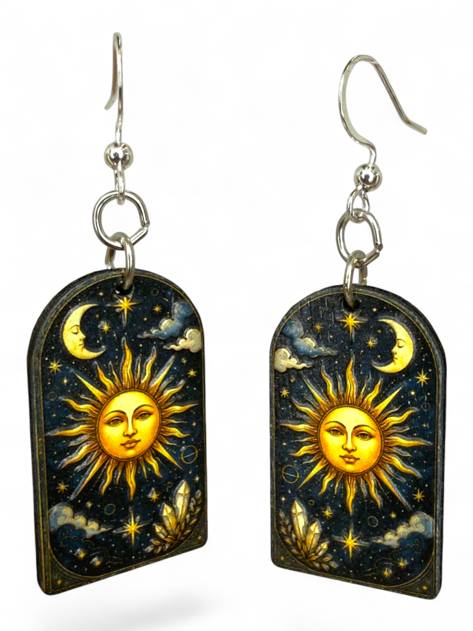 Sun Moon Crystal wood earrings