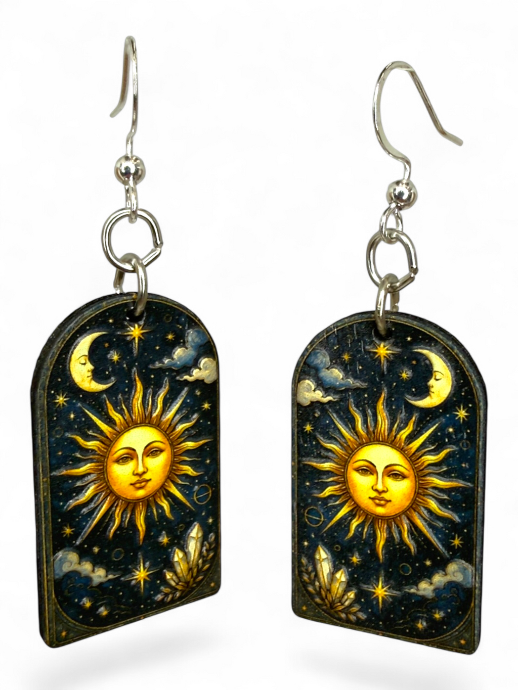 Sun Moon Crystal wood earrings