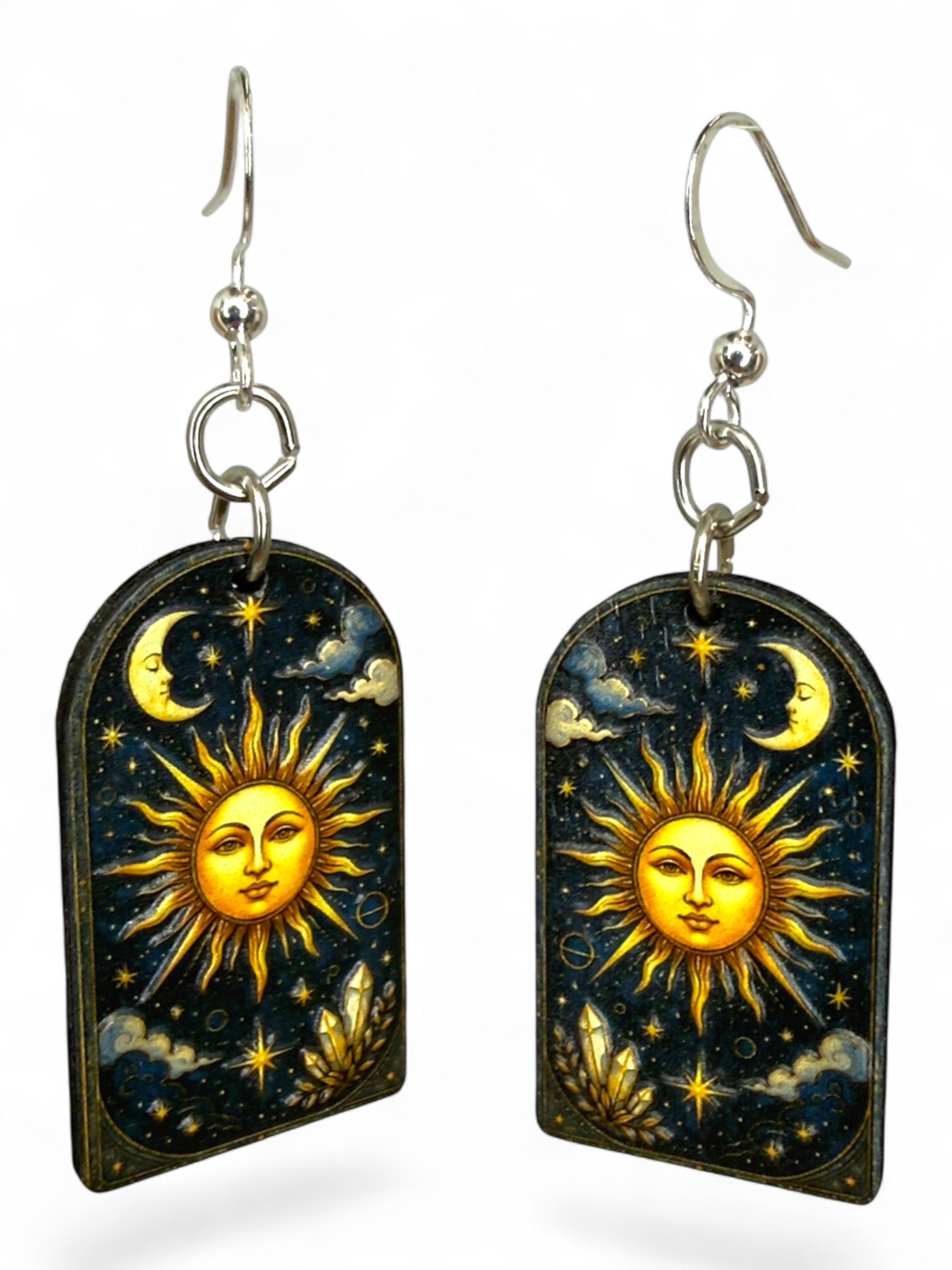 Sun Moon Crystal wood earrings