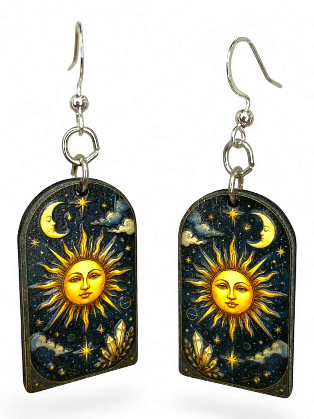 Sun Moon Crystal wood earrings
