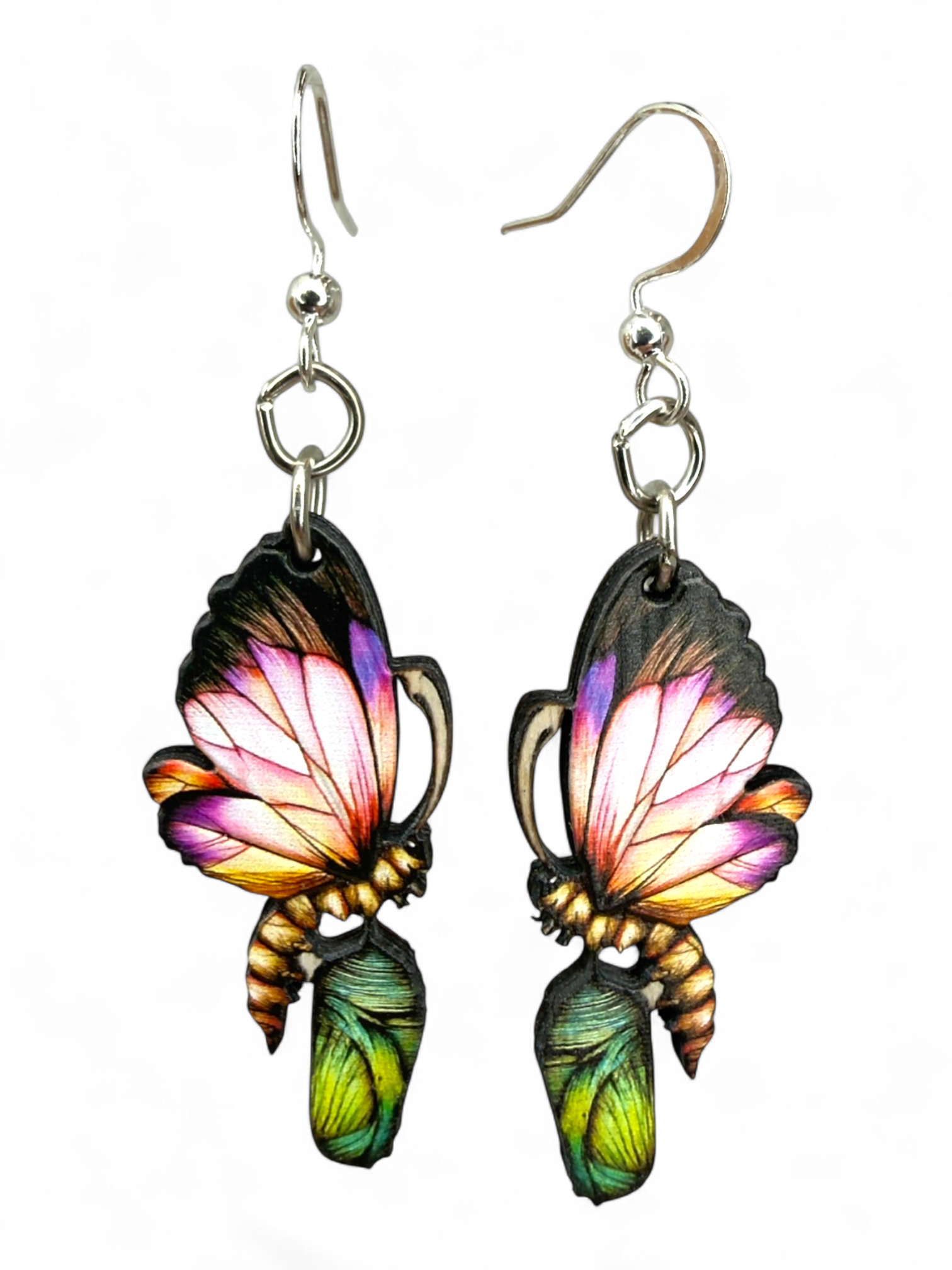 Cocoon to Butterfly wood earrings, made in USA