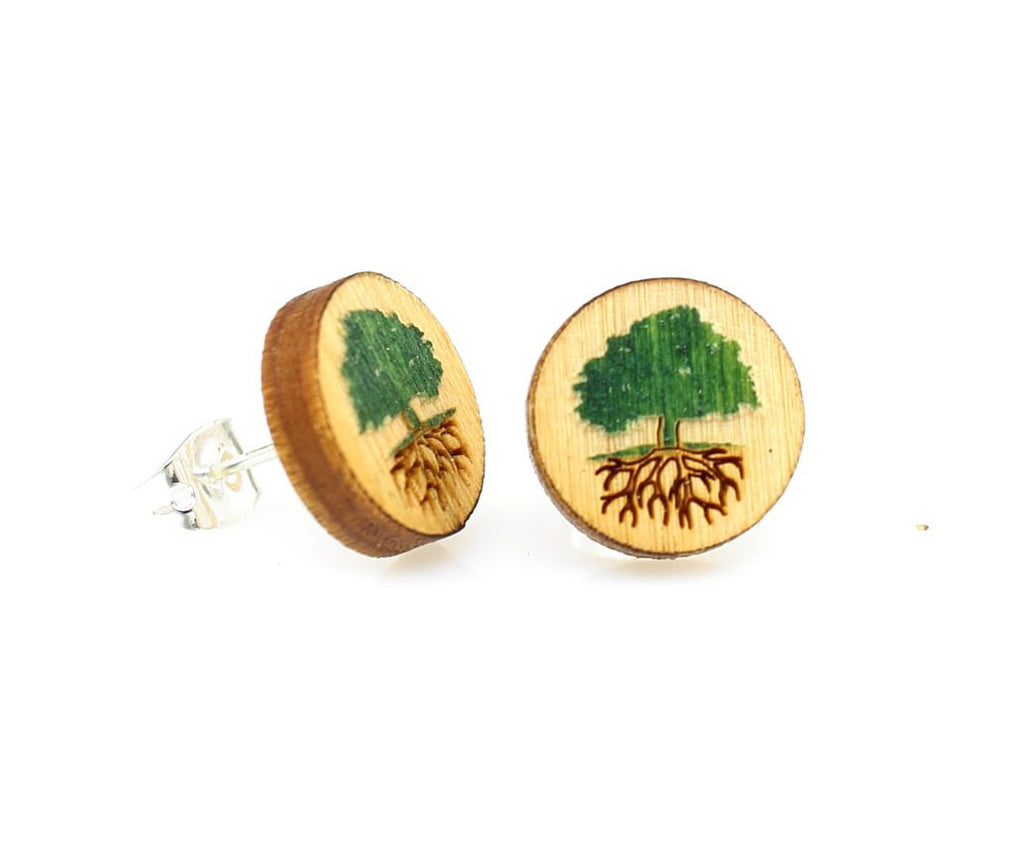 Green tree stud earrings with canopy and trunk, eco-friendly jewelry made in USA