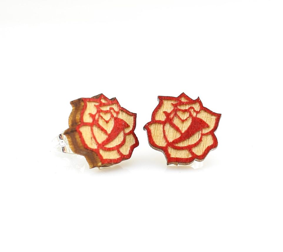 Rose flower stud earrings with layered petals, eco-friendly jewelry made in USA