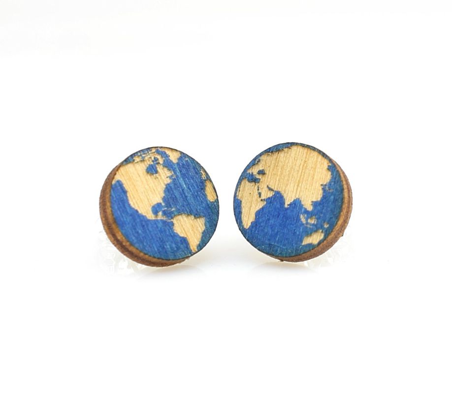 Globe world map stud earrings, eco-friendly laser-cut jewelry made in USA