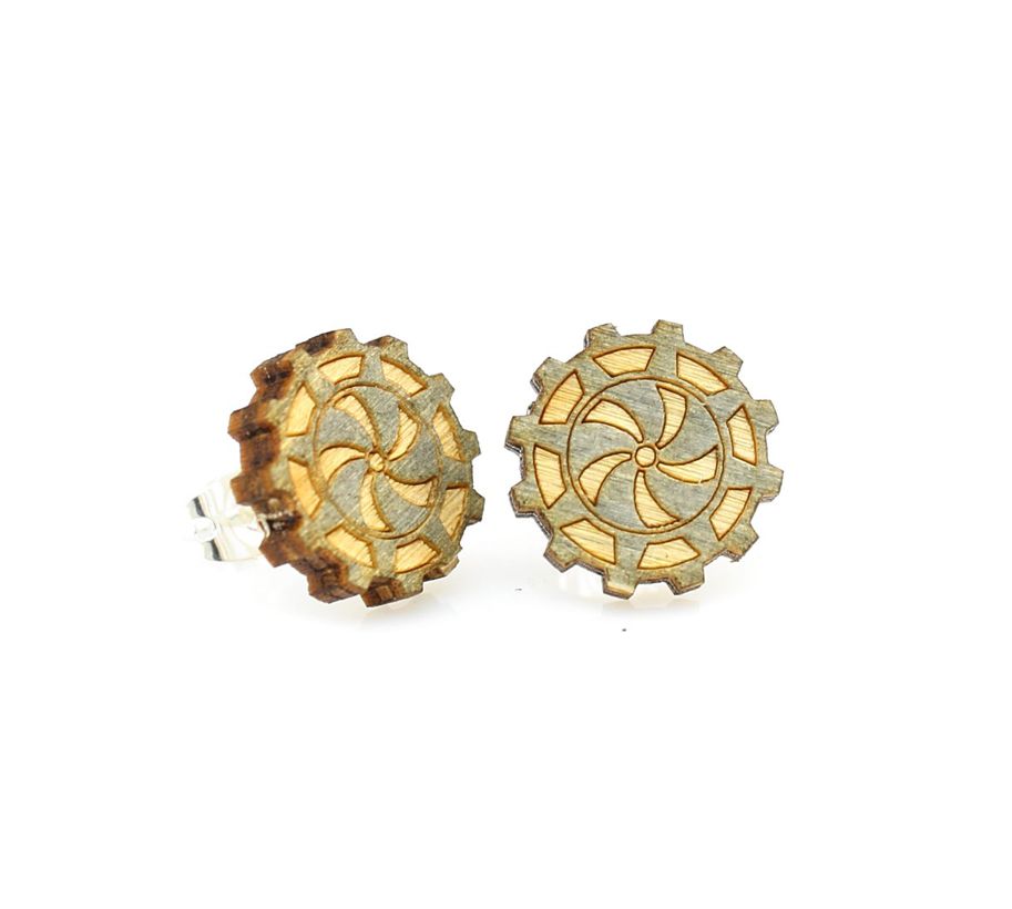 Steampunk gear cog stud earrings, eco-friendly laser-cut jewelry made in USA