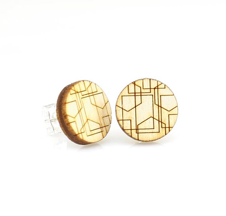 Geometric line pattern stud earrings, eco-friendly laser-cut jewelry made in USA
