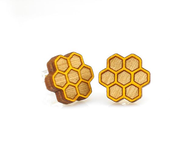 Honeycomb hexagon stud earrings, eco-friendly laser-cut jewelry made in USA