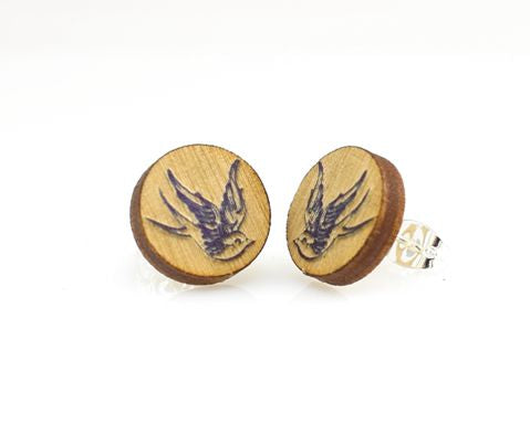 Sparrow bird stud earrings, eco-friendly laser-cut jewelry made in USA