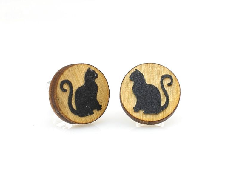 Cat stud earrings — small wood cat studs, made in USA