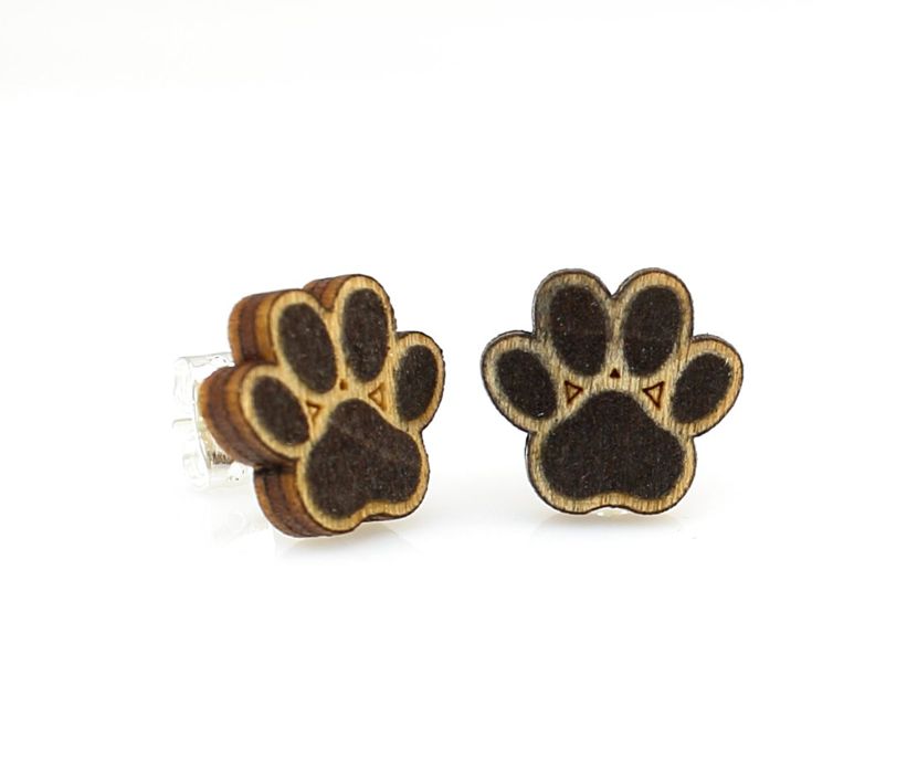 Puppy paw print stud earrings, eco-friendly laser-cut jewelry made in USA