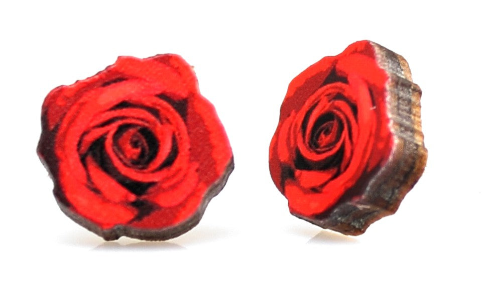 Deep red rose stud earrings, eco-friendly laser-cut jewelry made in USA