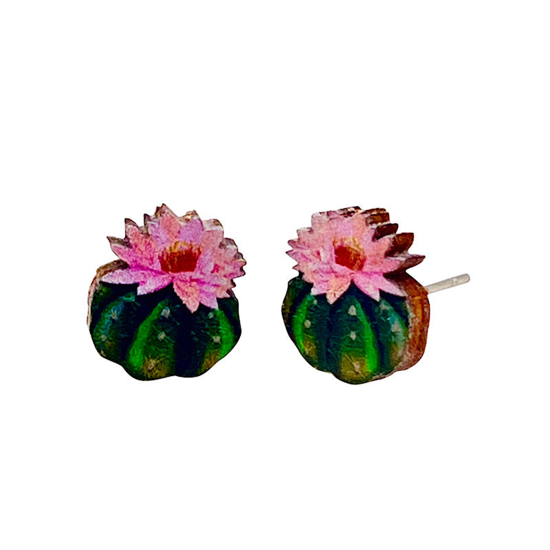 Cactus with blossom stud earrings, eco-friendly laser-cut jewelry made in USA