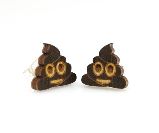 Poop emoji stud earrings with smiling face, eco-friendly jewelry made in USA