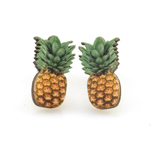 Pineapple stud earrings with crosshatch and crown, eco-friendly jewelry made in USA