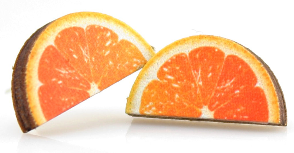 Orange slice stud earrings with segment detail, eco-friendly jewelry made in USA