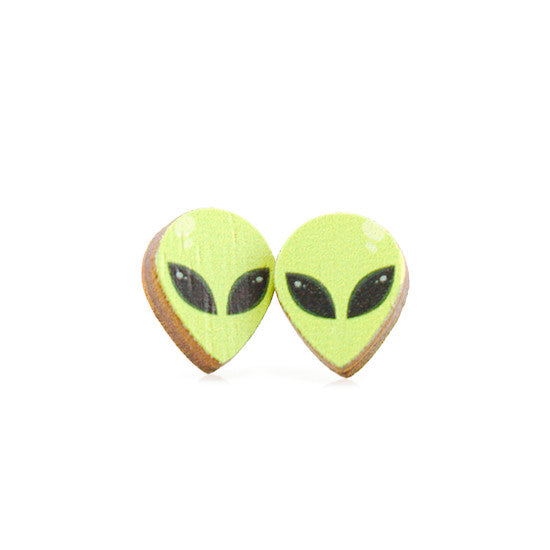 Alien stud earrings — small wood alien head studs, made in USA