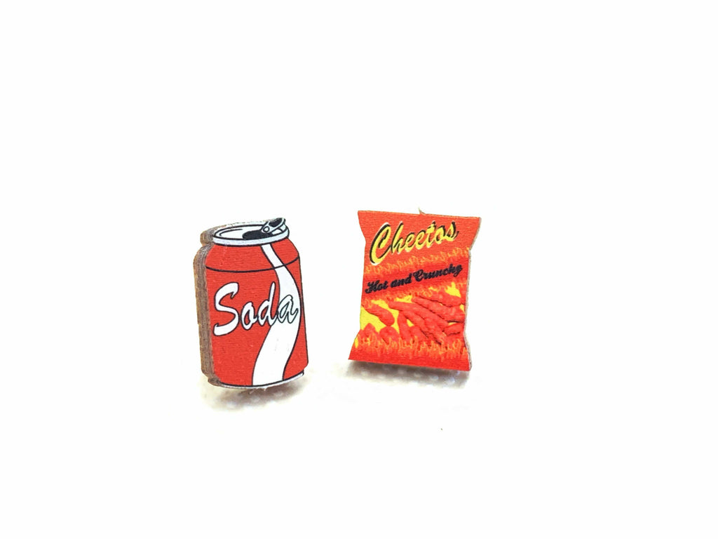 Cheese snack bag and soda cup stud earrings, eco-friendly jewelry made in USA