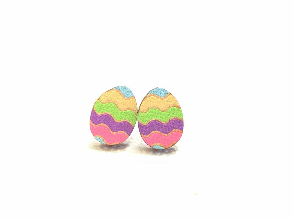 Decorated Easter egg stud earrings, eco-friendly laser-cut jewelry made in USA