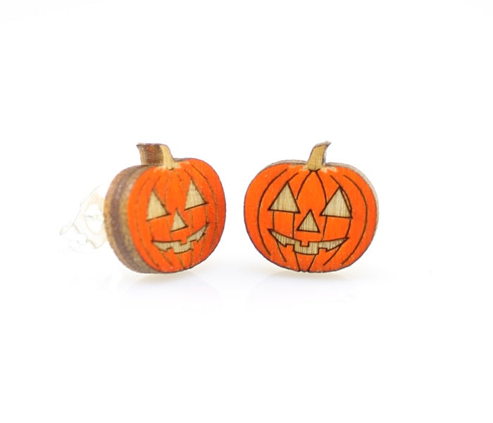 Pumpkin stud earrings — small wood pumpkin studs, made in USA