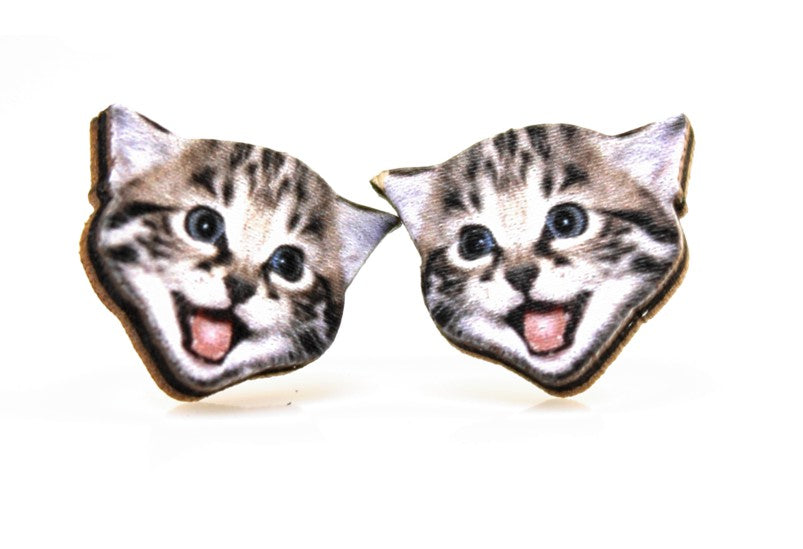 Playful kitten stud earrings, eco-friendly laser-cut jewelry made in USA