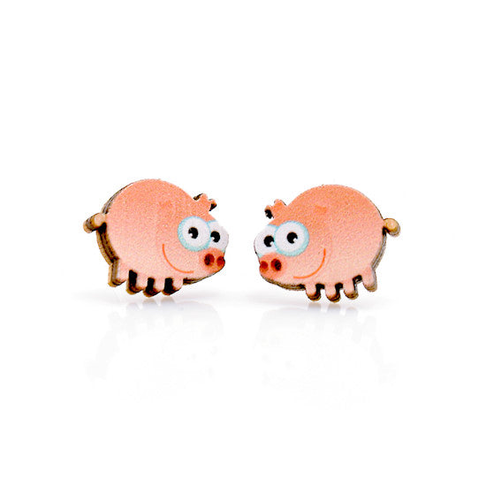 Pig face wood stud earrings with snout and ears, laser-cut and made in USA