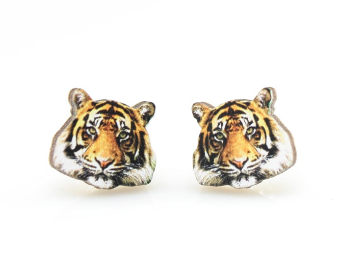 Tiger face stud earrings with stripes, eco-friendly laser-cut jewelry made in USA