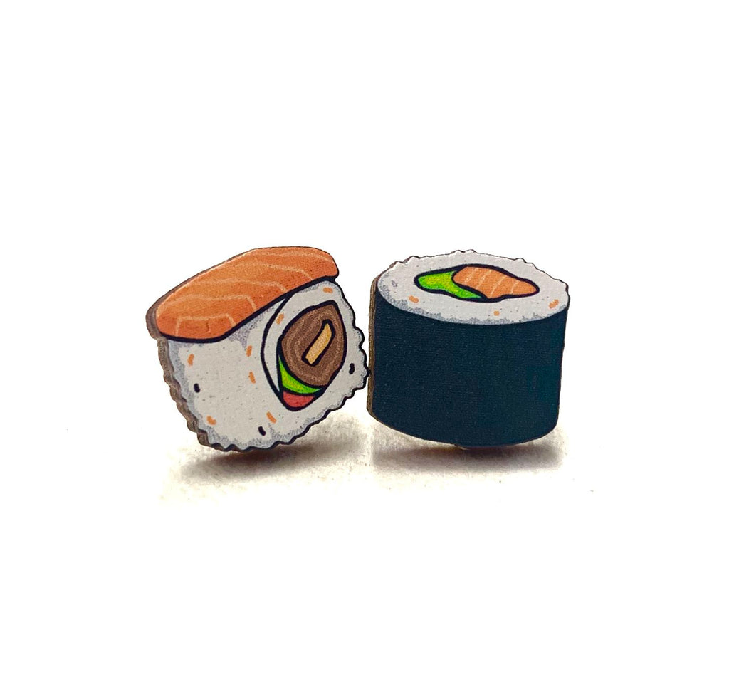 Sushi roll stud earrings with rice and nori detail, eco-friendly jewelry made in USA