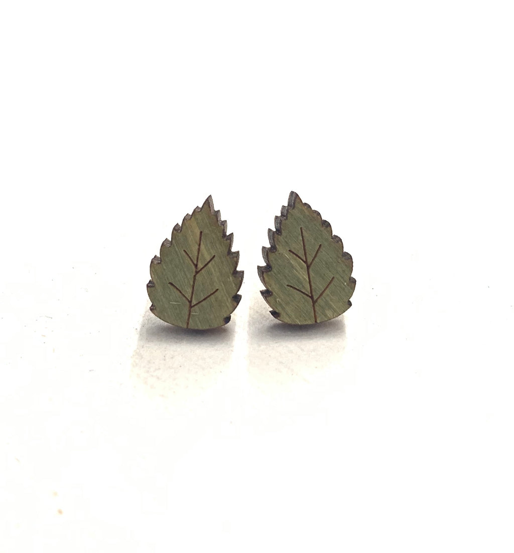 Green leaf stud earrings with vein detail, eco-friendly laser-cut jewelry made in USA