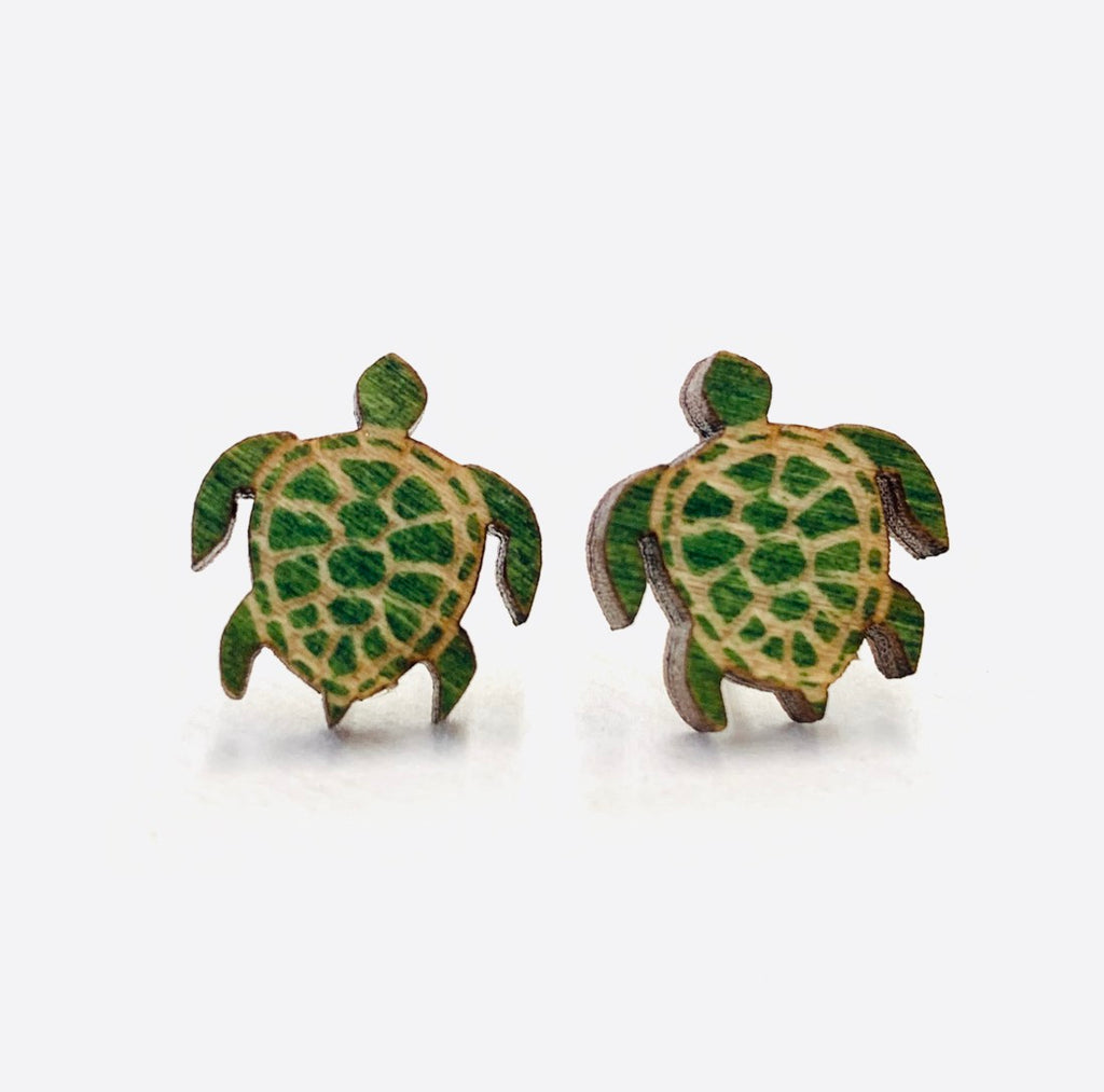 Sea turtle stud earrings with shell pattern, eco-friendly jewelry made in USA