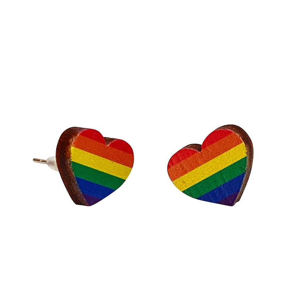 Rainbow heart stud earrings, eco-friendly laser-cut jewelry made in USA