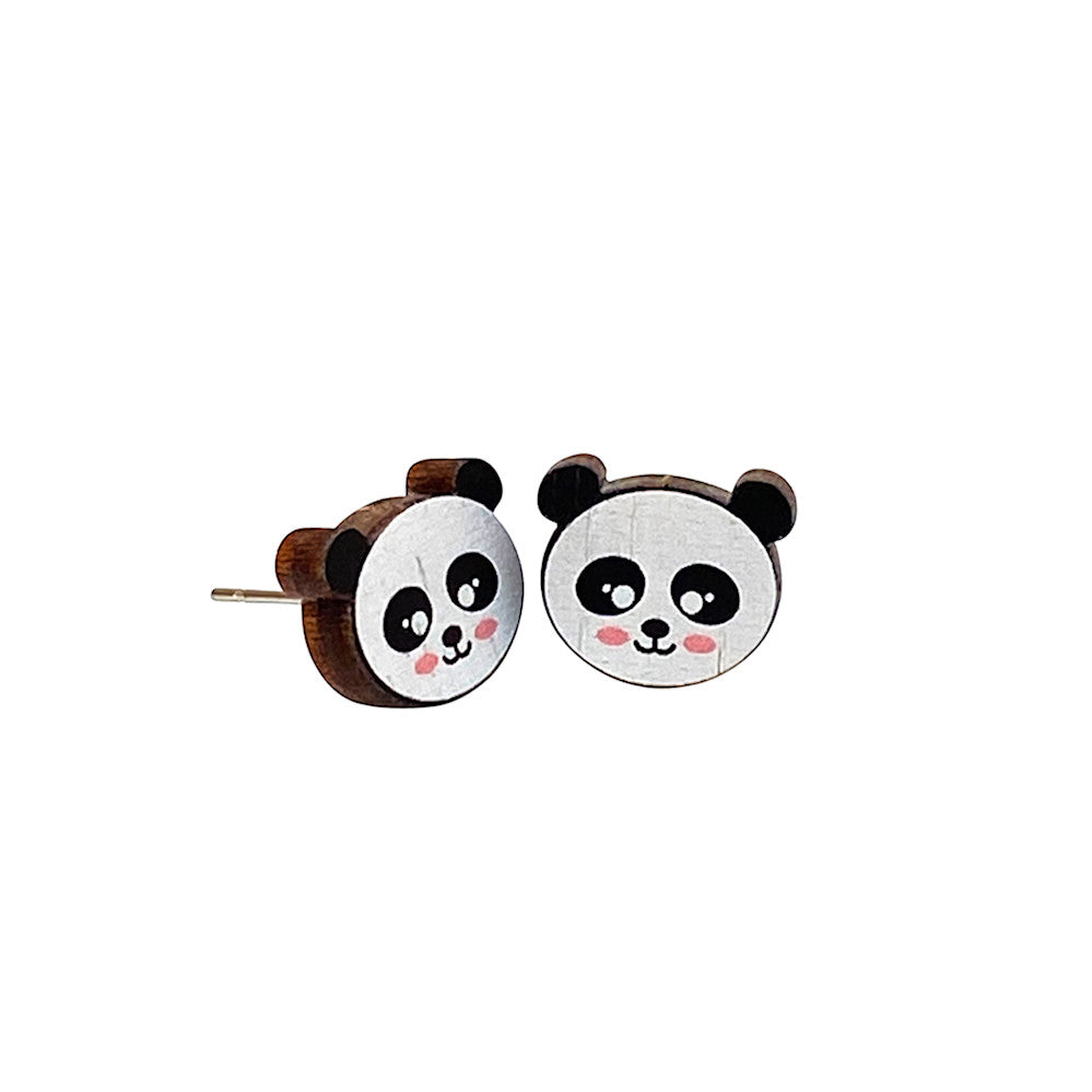 Panda bear face stud earrings, eco-friendly laser-cut jewelry made in USA