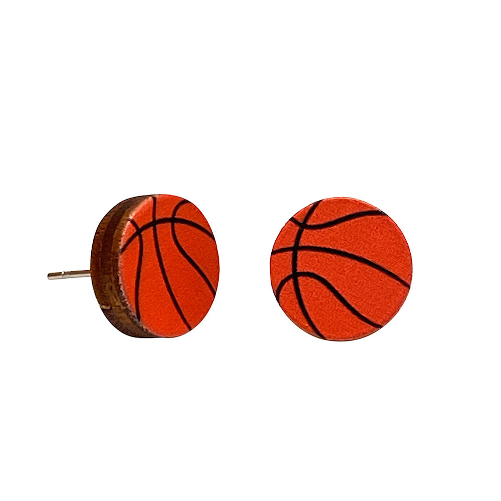 Basketball stud earrings with seam line detail, eco-friendly jewelry made in USA
