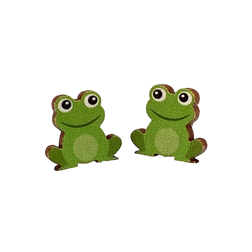 Frog face stud earrings, eco-friendly laser-cut jewelry made in USA