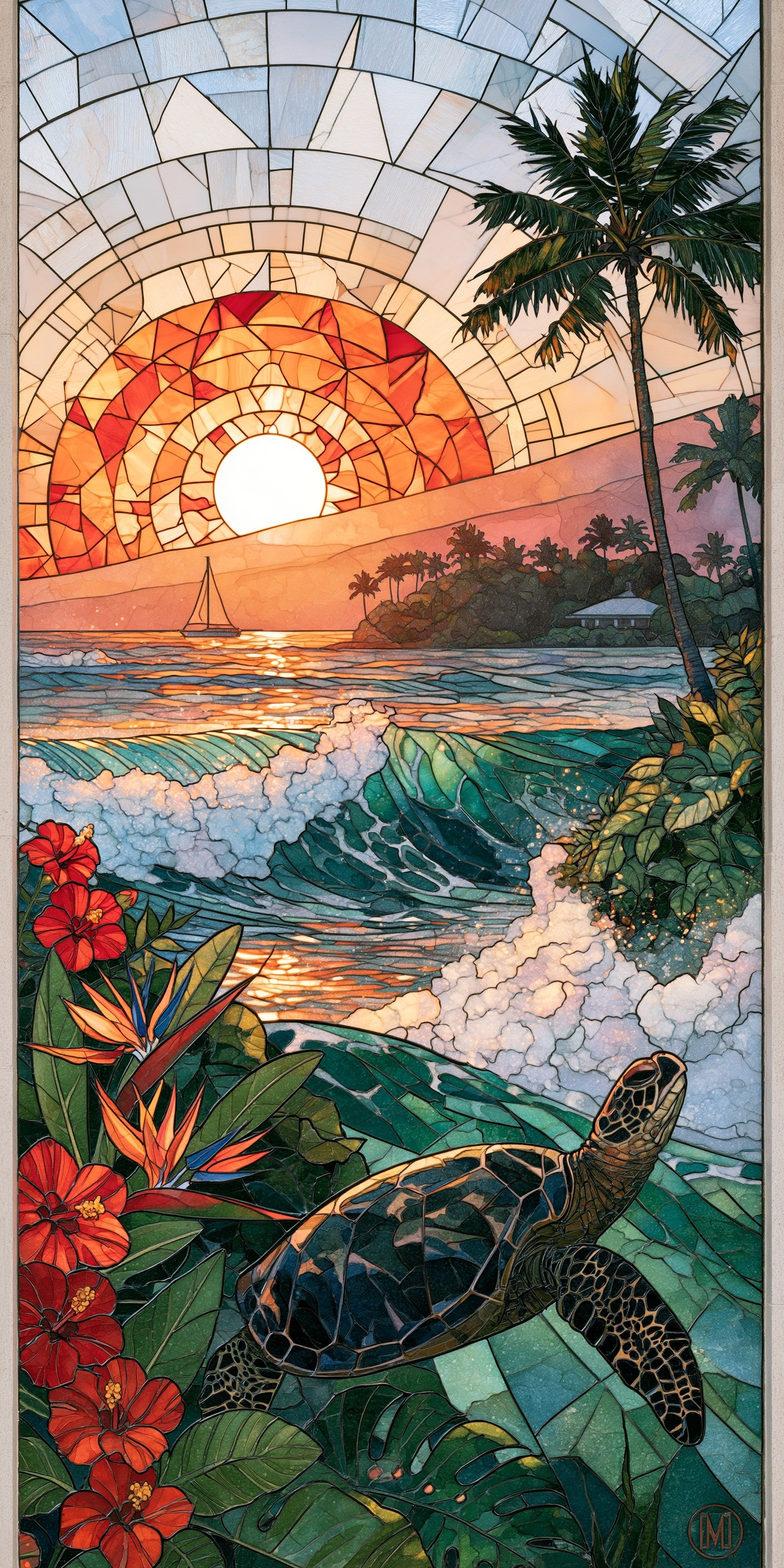 HI Stained Glass Turtle Sunset Custom Wood Earrings (CFW23)
