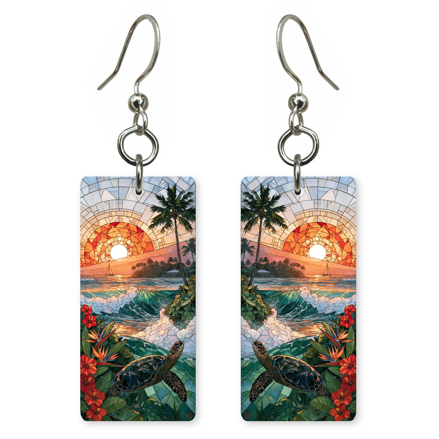 HI Stained Glass Turtle Sunset Custom Wood Earrings (CFW23)