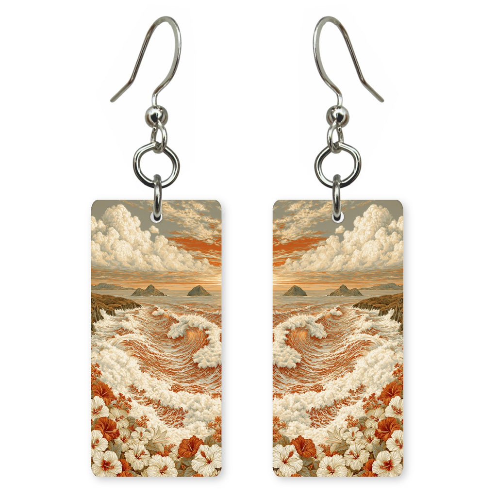 HI Mokulua Hibiscus Waves Custom Wood Earrings (CFW24)