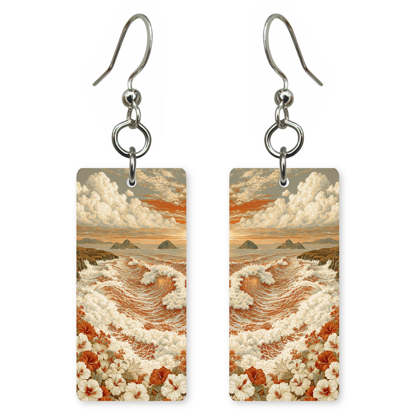 HI Mokulua Hibiscus Waves Custom Wood Earrings (CFW24)