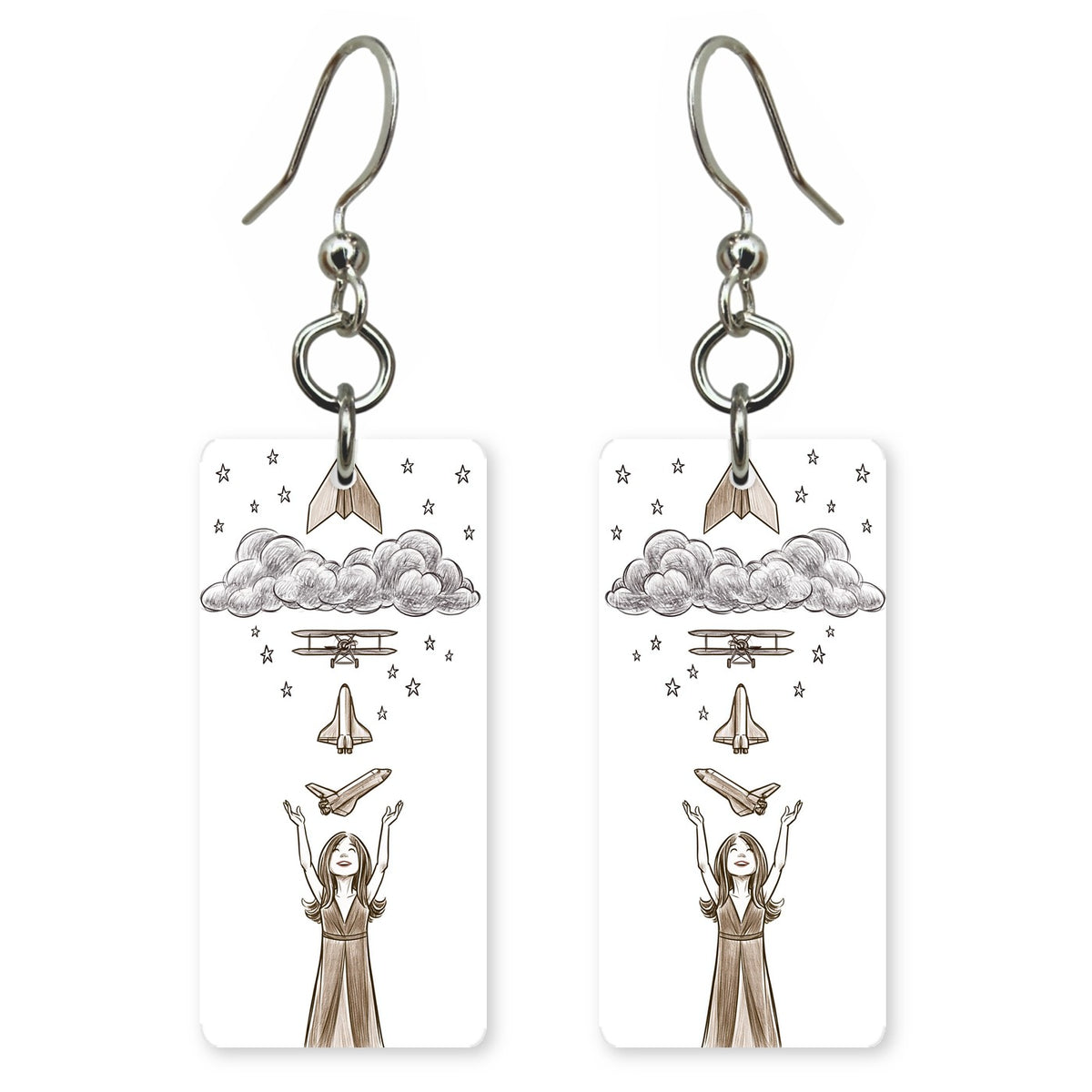Paper Plane to Shuttle Sketch Custom Wood Earrings (CFW31)