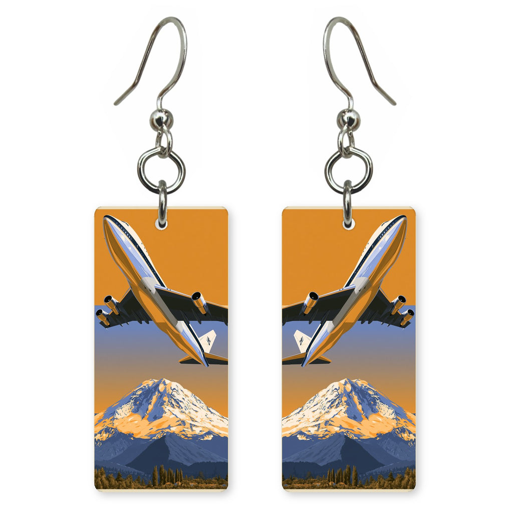 First 747 Over Rainier Sunset Custom Wood Earrings (CFW34)