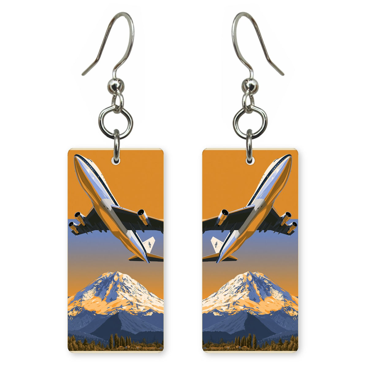 First 747 Over Rainier Sunset Custom Wood Earrings (CFW34)