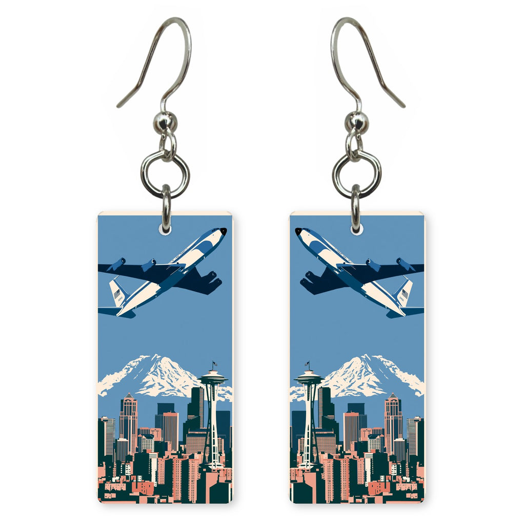 Jet Air Force One Seattle Skyline Custom Wood Earrings (CFW39)