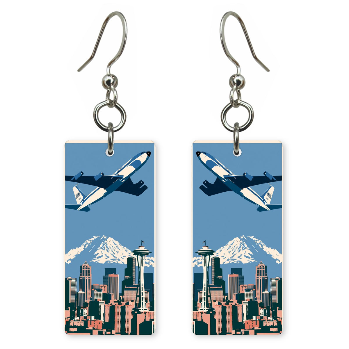 Jet Air Force One Seattle Skyline Custom Wood Earrings (CFW39)