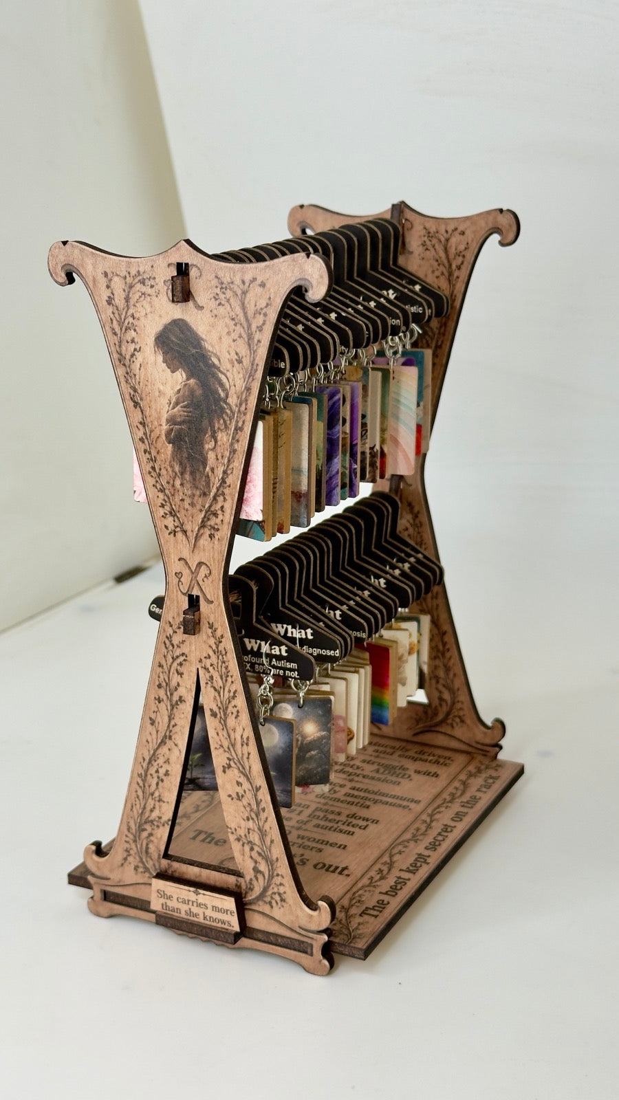 Fragile What small rack earring display, engraved wood A-frame
