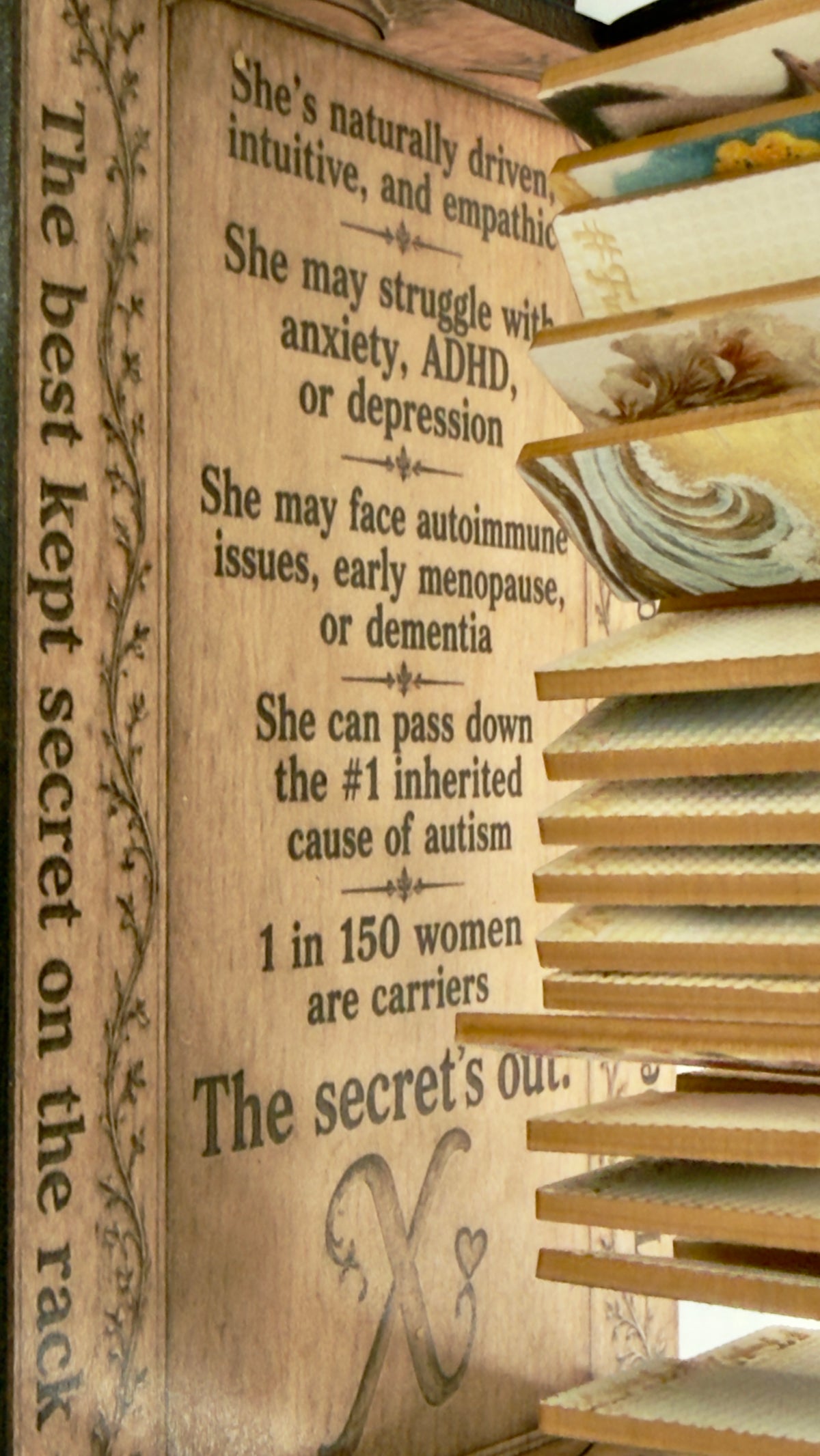 Engraved text on the Fragile What small rack display