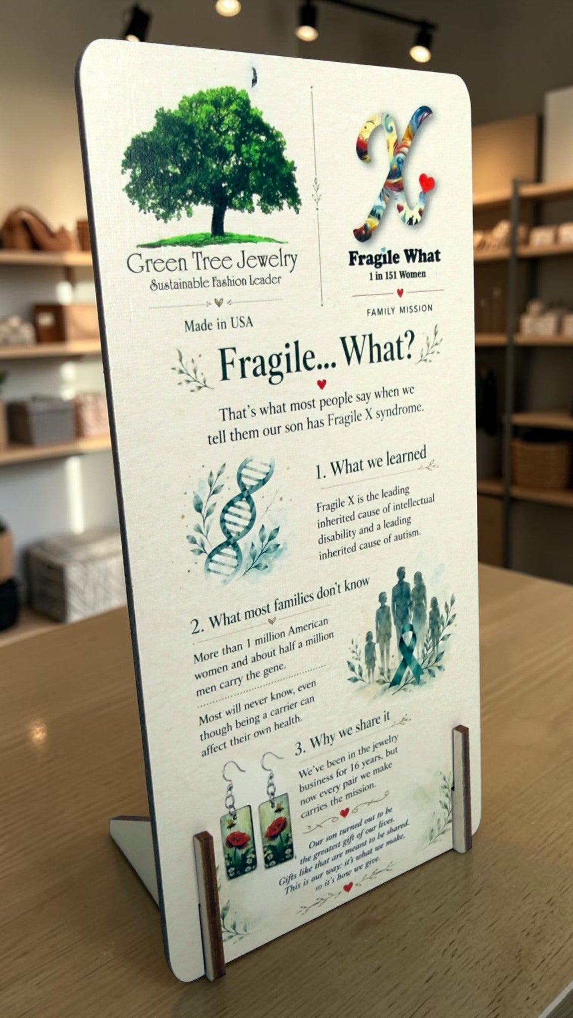 Fragile What info card standing on a store counter