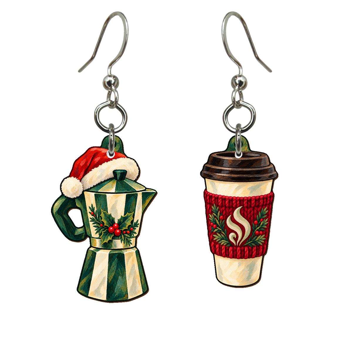 Moka & Mini Mug Earrings #E76 — full-color wooden earrings