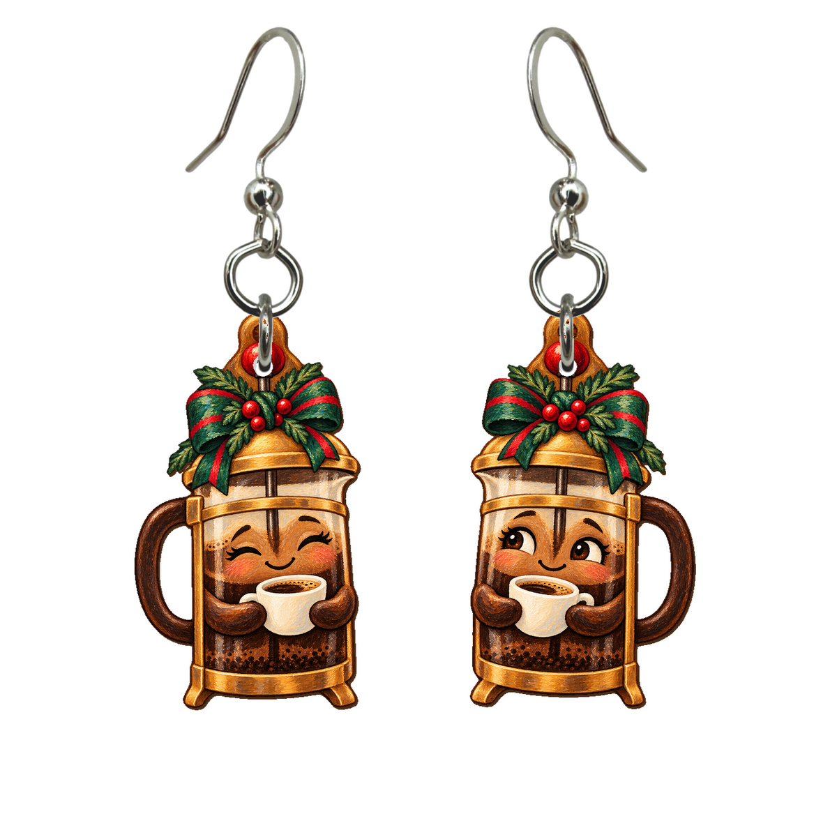 French Press Party Earrings #E78 — full-color wooden earrings
