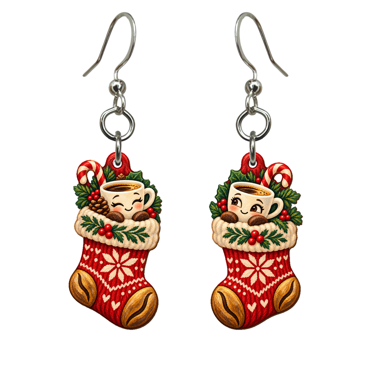 Stocking Shot Holders Earrings #E79 — full-color wooden earrings