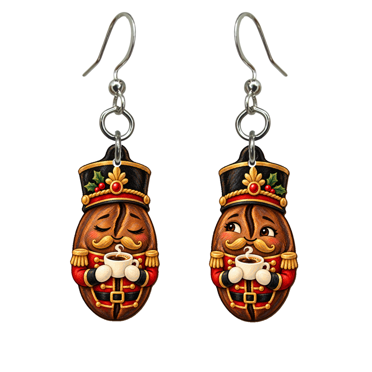 Nutcracker Coffee Beans Earrings #E86 — full-color wooden earrings
